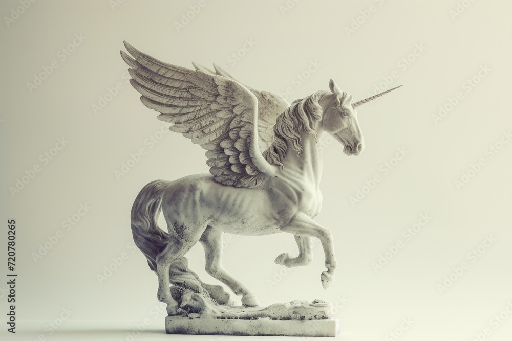 Poster A white statue of a unicorn with wings. Perfect for adding a touch of magic to any space