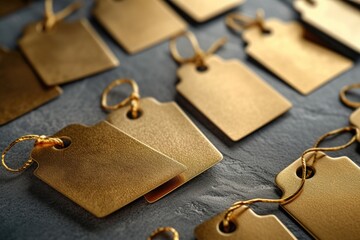 A collection of tags arranged on a table. Suitable for labeling, organizing, or categorizing items