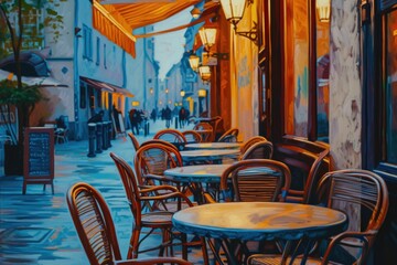 Painting of tables and chairs set up on a sidewalk. Suitable for outdoor dining scenes or urban landscapes