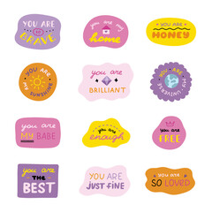 Set of cute inspirational and compliment quotes in speech bubbles. Handwritten lettering phrases about love for others and motivation for yourself. Doodle typography for stickers, poster, card, print