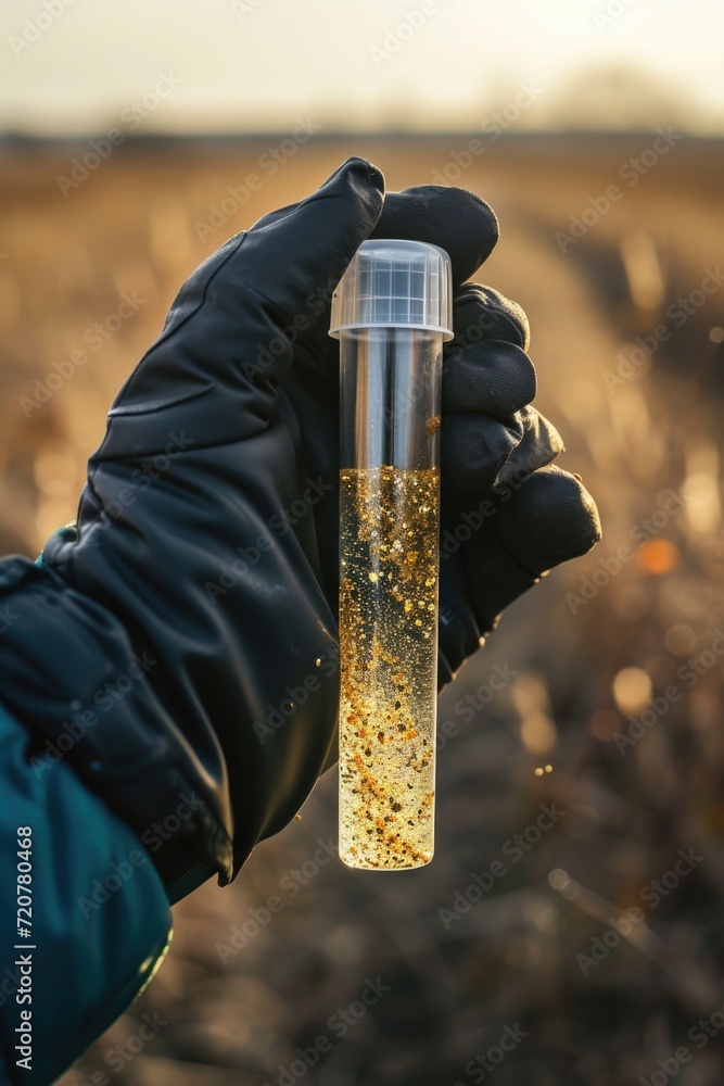 Poster a person is holding a bottle of liquid in a field. this image can be used for various purposes