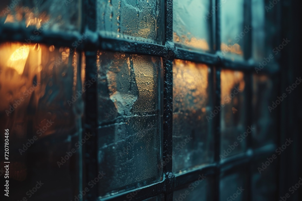Aufkleber Raindrops can be seen on a close-up of a window. This image captures the serene beauty of rainfall. Perfect for weather-related articles or blog posts
