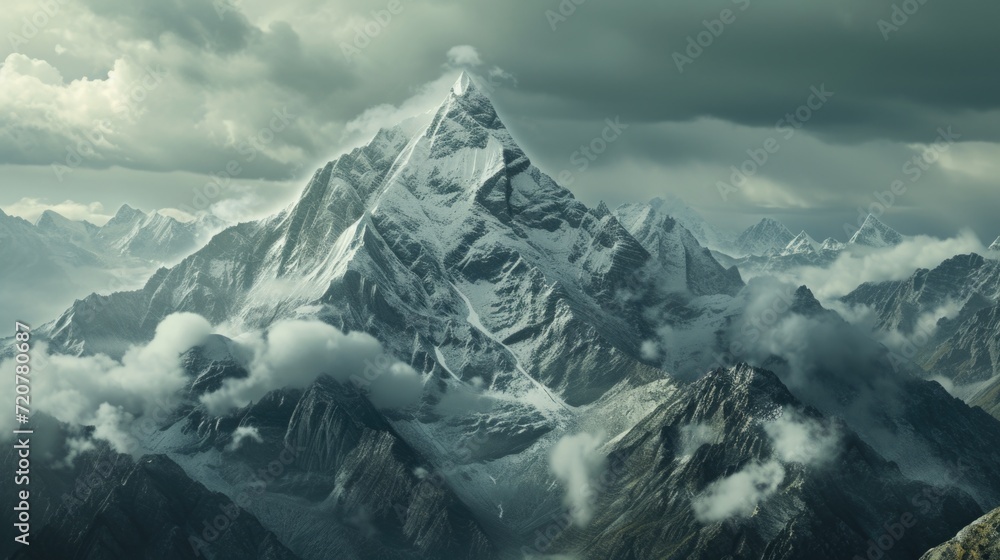 Poster A picture of a mountain covered in snow and surrounded by clouds, captured under a cloudy sky. Suitable for various uses