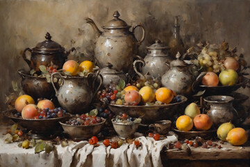 oil painting dishes , watercolor ,vintage art , abstract art background , oil on canvas , landscape , picture for printing on the wall