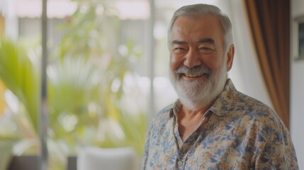 A man with a white beard wearing a floral shirt. Suitable for lifestyle, fashion, and casual themes