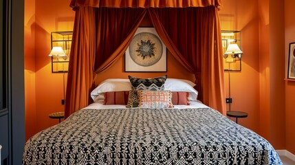 A bed canopy with a chic geometric pattern, set in a room with walls in a bold tangerine color - obrazy, fototapety, plakaty