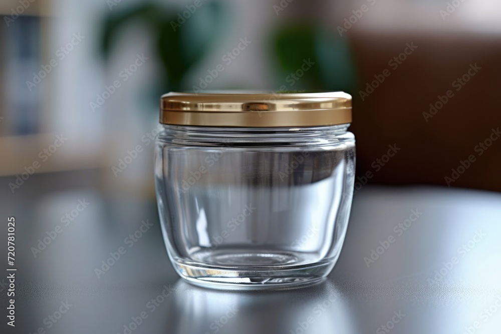 Poster A glass jar with a gold lid sitting on a table. Perfect for storing small items or as a decorative piece.