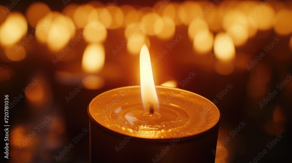 Poster A lit candle placed in front of a group of candles. Suitable for various occasions and settings