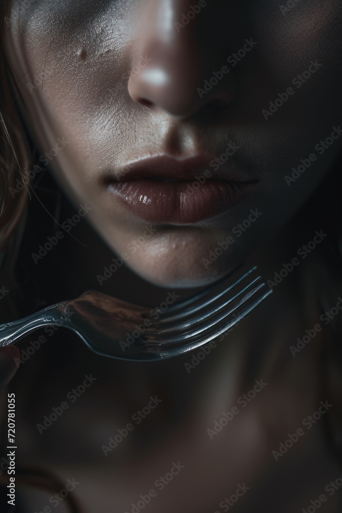 Poster a close up of a person holding a fork. perfect for food-related projects or illustrating dining expe