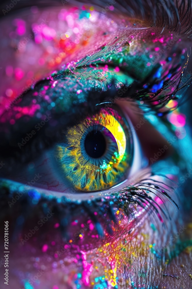 Poster A close-up view of a person's eye with shimmering glitter. Perfect for adding a touch of sparkle and glamour to any project