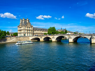 Seine river and Pont Royal (Royal bridge) in Paris, France. Cityscape of Paris. Architecture and landmarks of Paris.