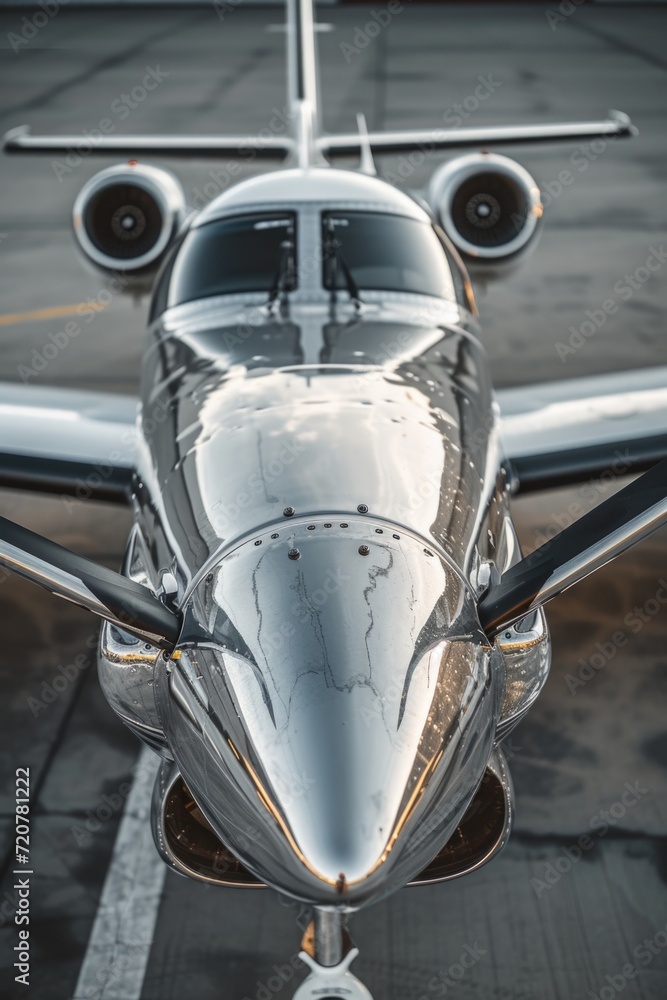 Aufkleber a close-up view of a silver airplane on a runway. suitable for aviation enthusiasts and travel-relat