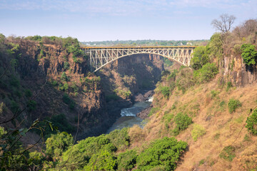 Livingston Bridge at Victoria Falls on the Zambezi River on the border of Zambia and Zimbabwe in...