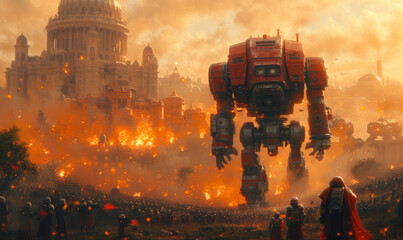 A battle scene with explosions. A massive robot, towering over the landscape, stands firmly on top of a vast field.