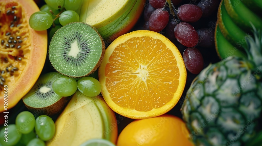 Poster A close-up view of a variety of fruits and vegetables. This image can be used in various contexts