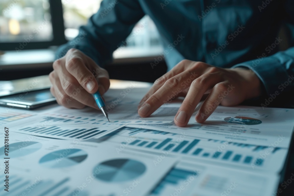 Aufkleber a person is seated at a table with papers and a pen. this image can be used for various purposes