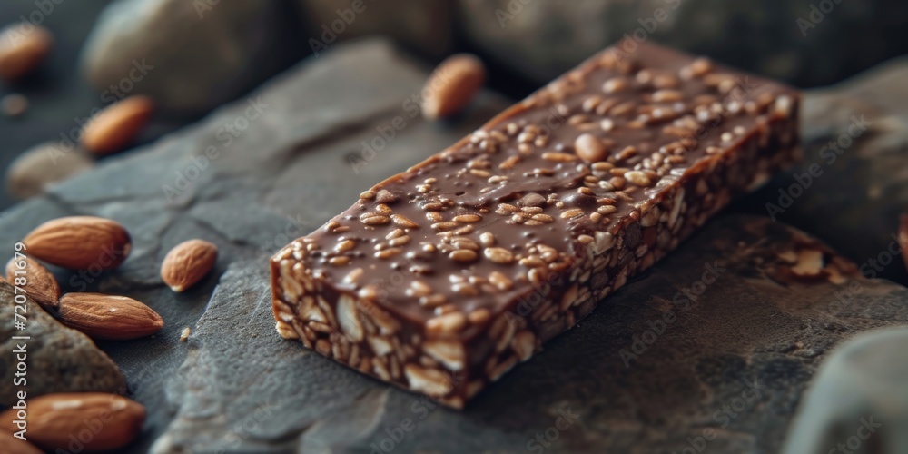 Poster a delicious bar of chocolate and nuts placed on a rock. perfect for food and snack concepts