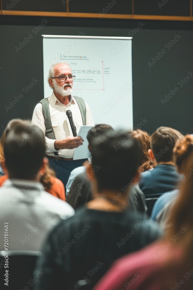 Aufkleber a man confidently stands in front of a group of people. this image can be used to portray leadership