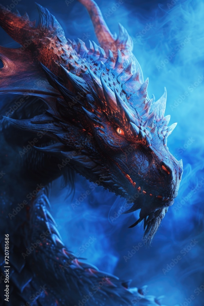 Poster a close-up view of a dragon on a blue background. this image can be used for various purposes