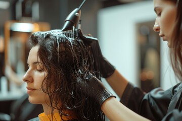 Fototapeta premium A woman is getting her hair styled by a professional hair stylist. This image can be used to showcase hair care, beauty treatments, and salon services