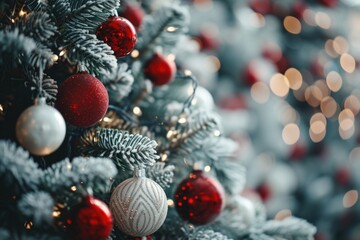 A detailed view of a Christmas tree adorned with colorful ornaments. Perfect for holiday-themed projects and festive decorations