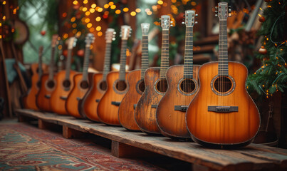 A row of acoustic guitars lined up on a table. A lineup of various guitars stacked neatly on top of a wooden shelf.