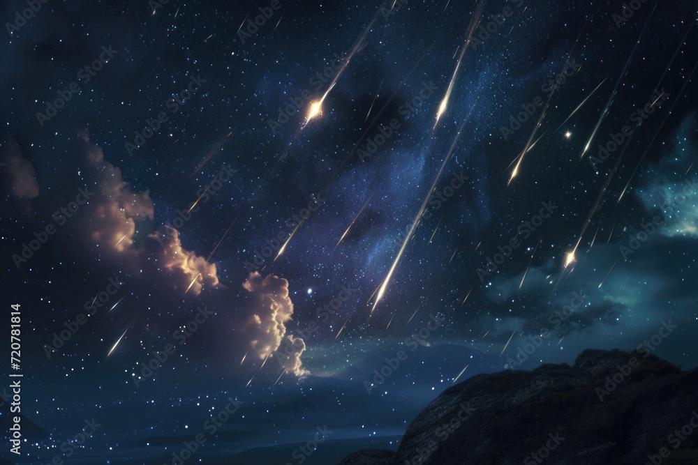 Poster a picture capturing a night sky filled with stars and scattered clouds. this image can be used to de
