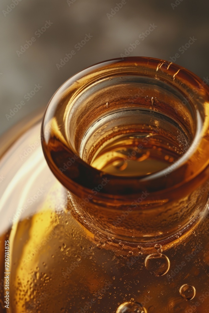 Poster A detailed close-up view of a bottle filled with liquid. This versatile image can be used in various projects