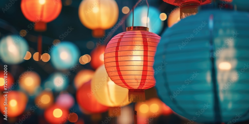 Poster a vibrant display of red and blue paper lanterns hanging gracefully from the ceiling. perfect for ad
