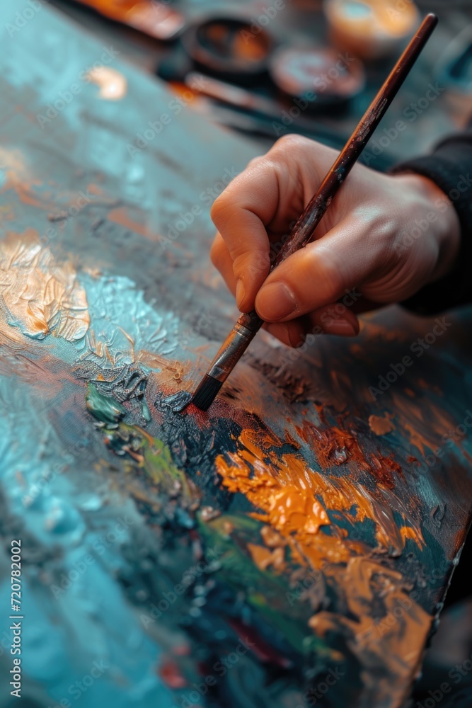 Poster A close-up view of a person using a brush to paint. This image can be used to depict creativity and artistic expression