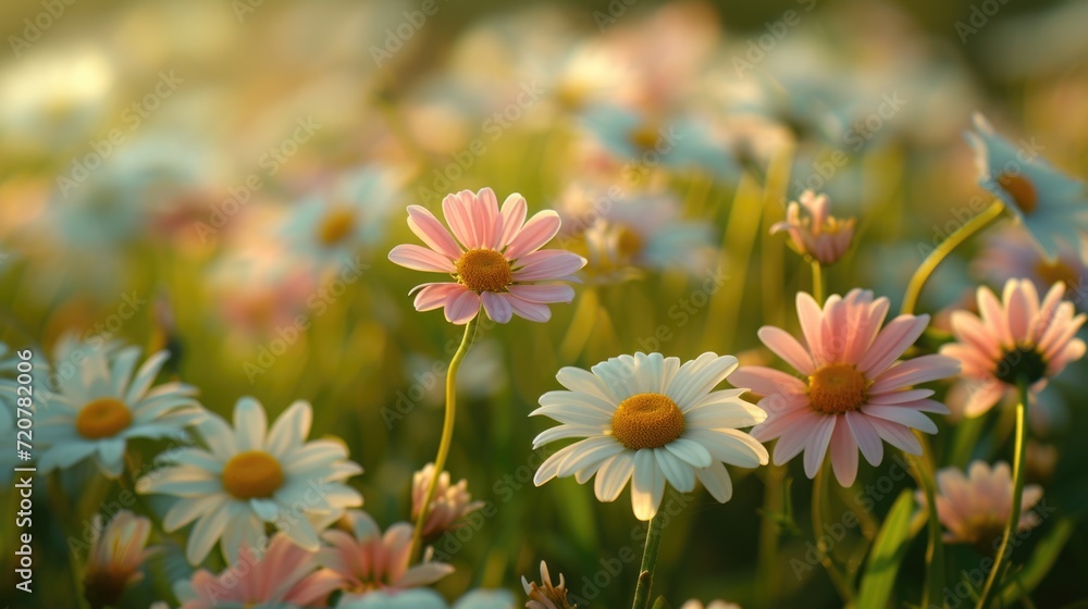 Poster a beautiful field of pink and white daisies illuminated by the sun. perfect for adding a touch of na