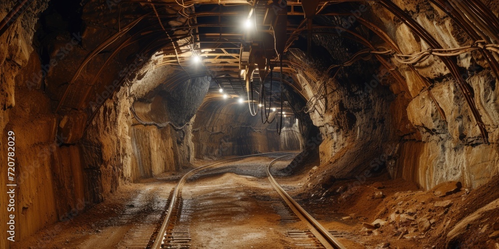 Poster a train is seen passing through a tunnel. this image can be used to depict transportation, travel, o