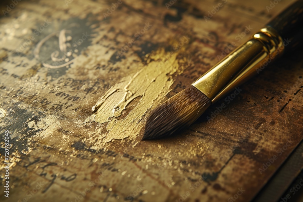 Poster close-up view of a paintbrush resting on a piece of wood. perfect for artistic projects and diy craf
