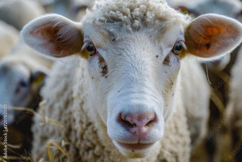 Poster a close up view of a sheep's face with other sheep in the background. this image can be used to depi