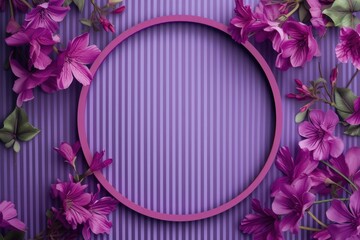 A purple frame adorned with purple flowers set against a matching purple background. Ideal for adding a touch of elegance and beauty to any design project - Powered by Adobe