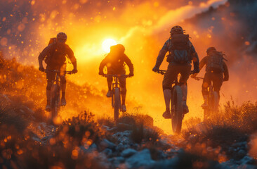Fototapeta premium Four mountain bikers riding at sunset. A group of individuals riding bicycles energetically through a vast, green field.