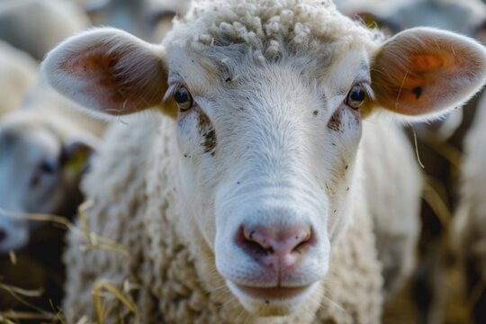 A close up view of a sheep's face with other sheep in the background. This image can be used to depict farm animals or the concept of unity and community