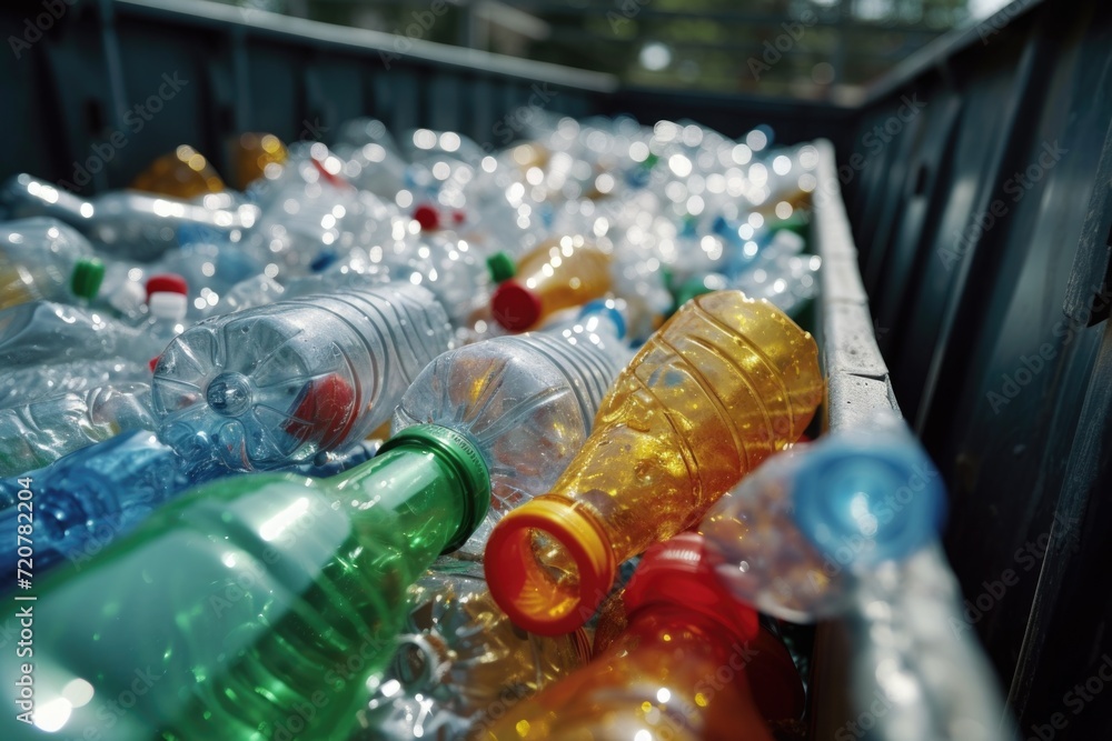 Poster A pile of empty plastic bottles in a bin. Suitable for recycling or environmental concepts