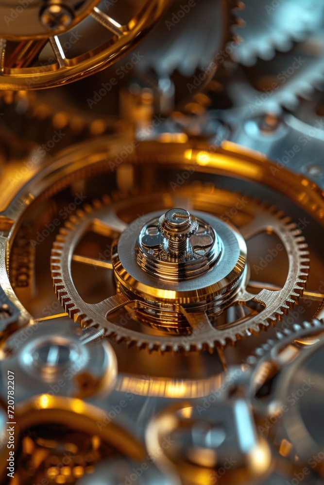 Poster A detailed close-up view of the gears of a clock. This image can be used to depict precision, time management, mechanics, or the concept of time passing