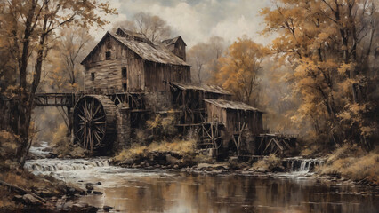 old wooden mill on the river oil painting
