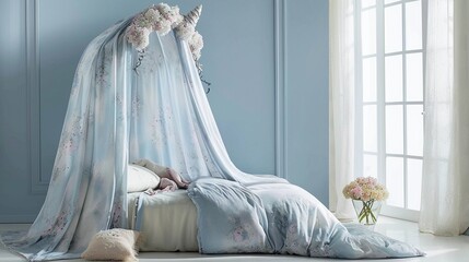 A bed canopy with a whimsical unicorn print, set in a room with walls in a dreamy periwinkle blue