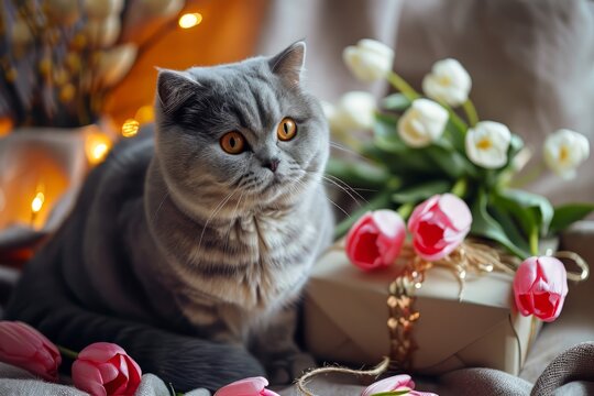 Valentine's Day. Happy gray Scottish fold cat with gift sits with flowers