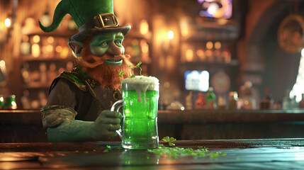 banner or card for st. patrick's day, red smiling leprechaun in a green hat with a mug of green ale camera in a bar - obrazy, fototapety, plakaty