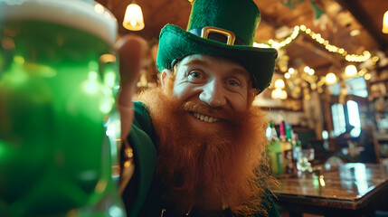 banner or card for st. patrick's day, red smiling leprechaun in a green hat with a mug of green ale looking at the camera in a bar