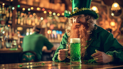 banner or card for st. patrick's day, red smiling leprechaun in a green hat with a mug of green ale looking at the camera in a bar - obrazy, fototapety, plakaty