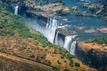 Aerial view of Victoria Falls on the Zambezi River on the border of Zambia and Zimbabwe in South...
