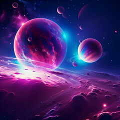 Pink space view, mystical space landscape, bright planets, orbital moons and stars against the background of a rainbow galaxy and nebula