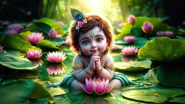 Little Krishna, the Indian god, sitting by a lotus pond with a gentle drizzle.