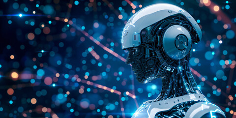 Fototapeta premium a robot sitting in a blue background with lines forming a pattern