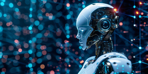 a robot sitting in a blue background with lines forming a pattern